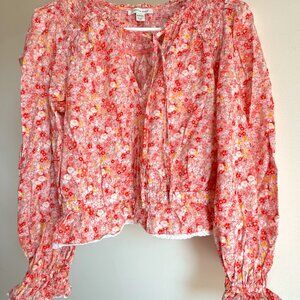 Women Floral Top | Pink, Long Ruffle Sleeves, Smock Shoulders | American Eagle